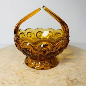 Vintage L E Smith Moon and Stars Amber Glass Candy Basket Bowl MINT‎